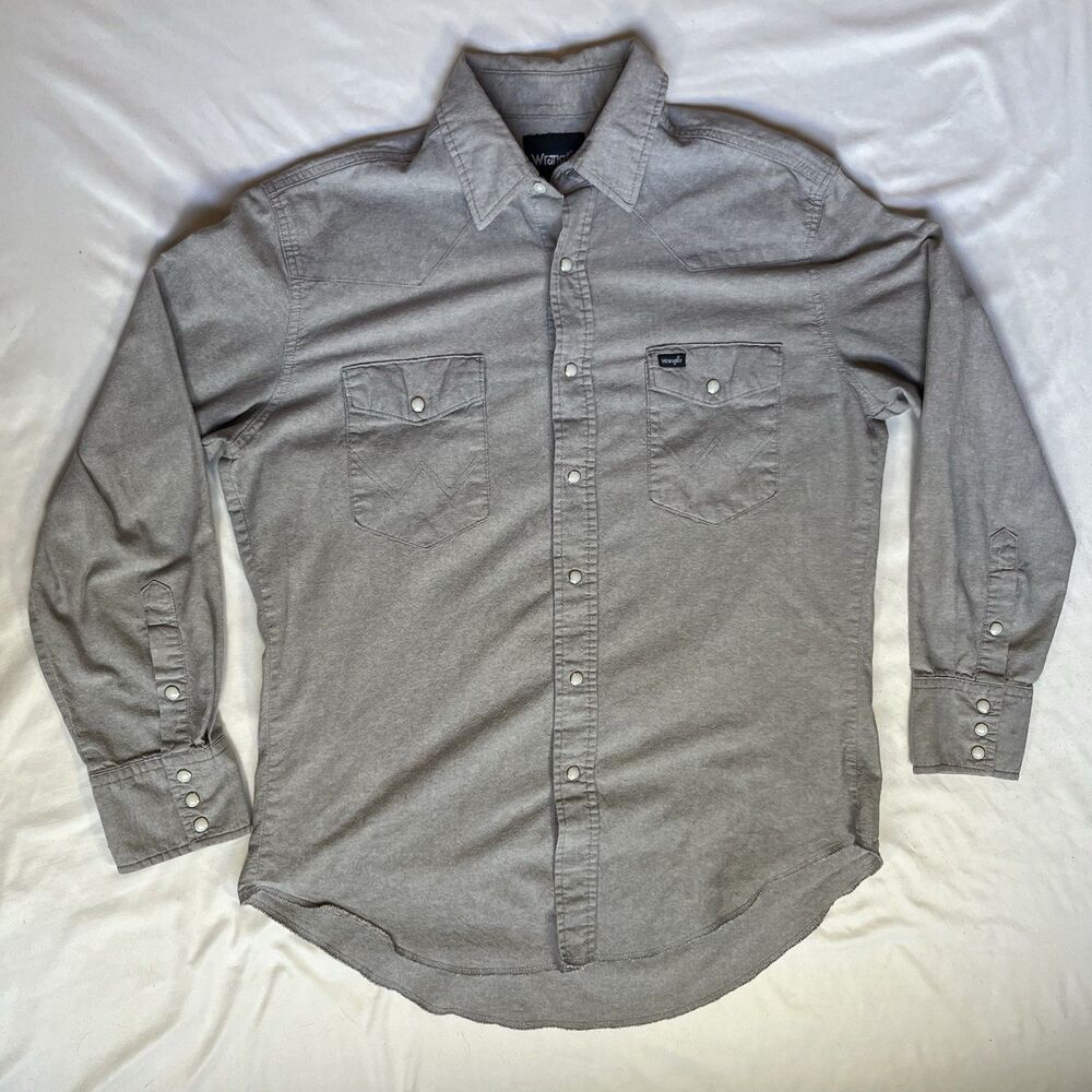 Men’s Wrangler Gray Long Sleeve Pearl Snap Denim Shirt Size L Flap Pockets
